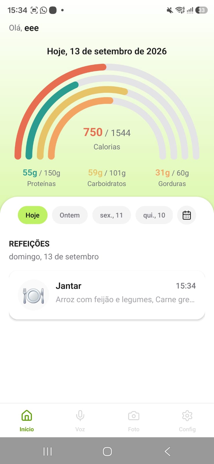 Tela inicial do CalorieUp com as calorias e macros consumidos no dia