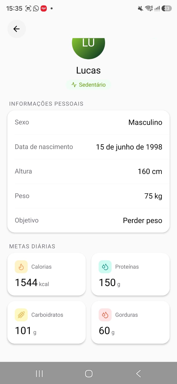 Tela de perfil com as metas diárias de calorias e macronutrientes