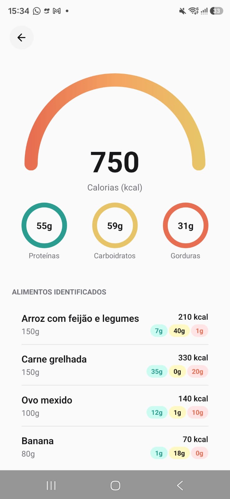 Detalhamento nutricional de uma refeição identificada pela IA